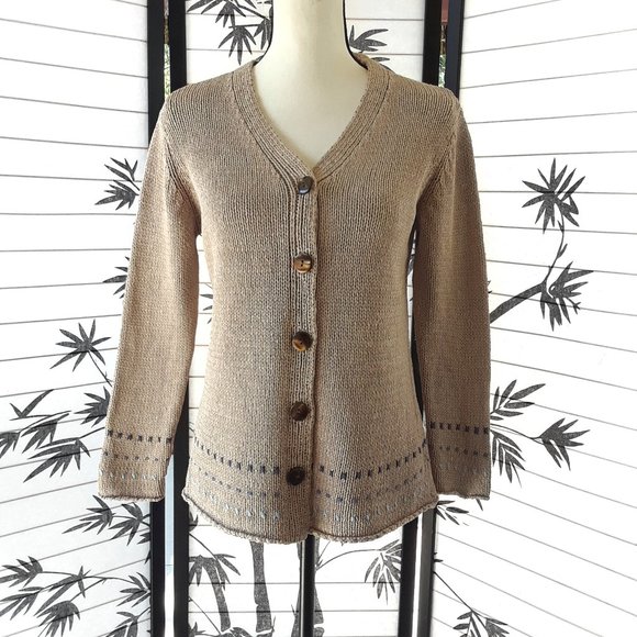 J. Jill 100% Silk Tan and Blue V Neck Knit Cardigan Sweater Size S - Picture 8 of 14